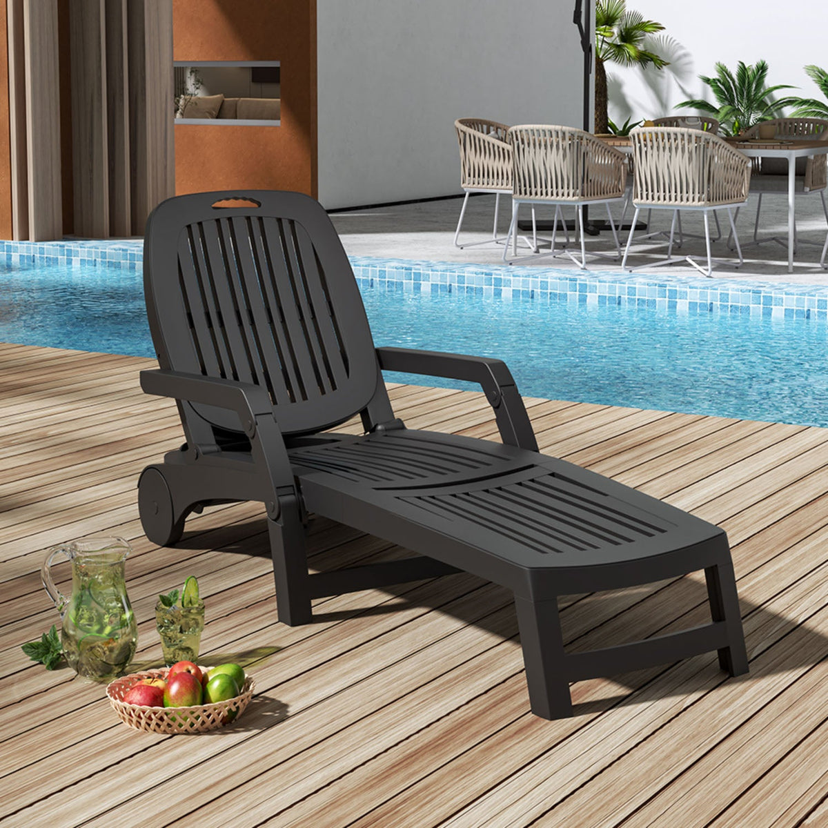 Black Adjustable Folding Lounge Chair Recliner with Wheels