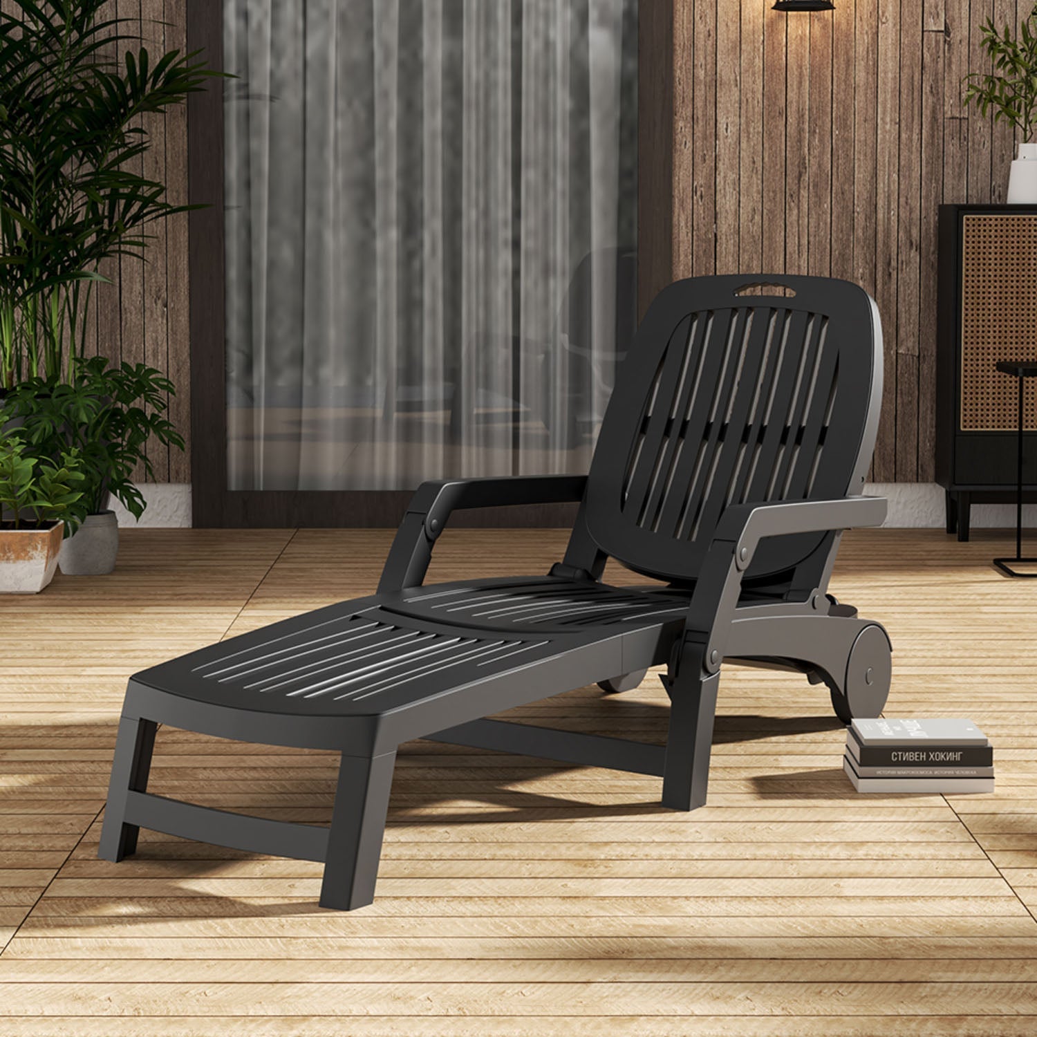 Black Adjustable Folding Lounge Chair Recliner with Wheels