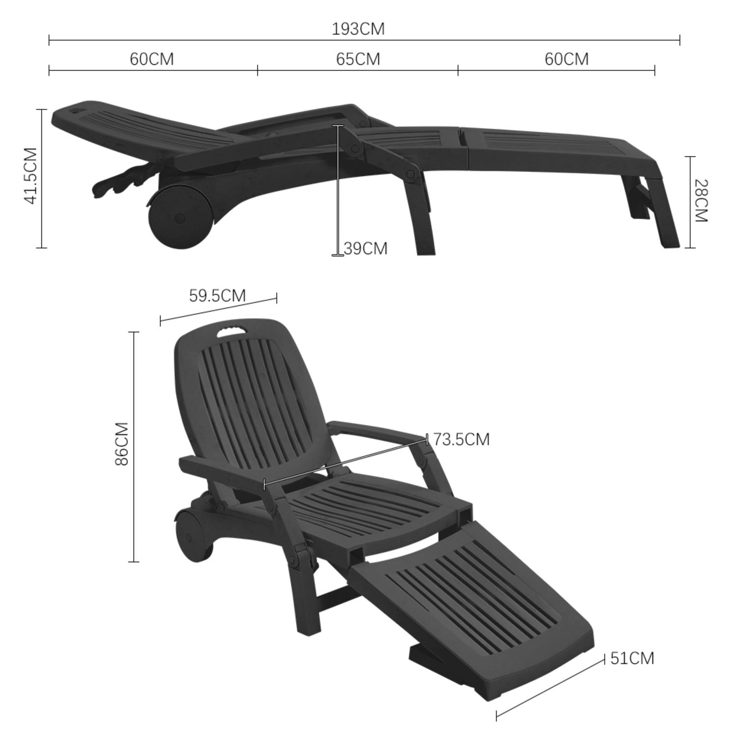 Black Adjustable Folding Lounge Chair Recliner with Wheels