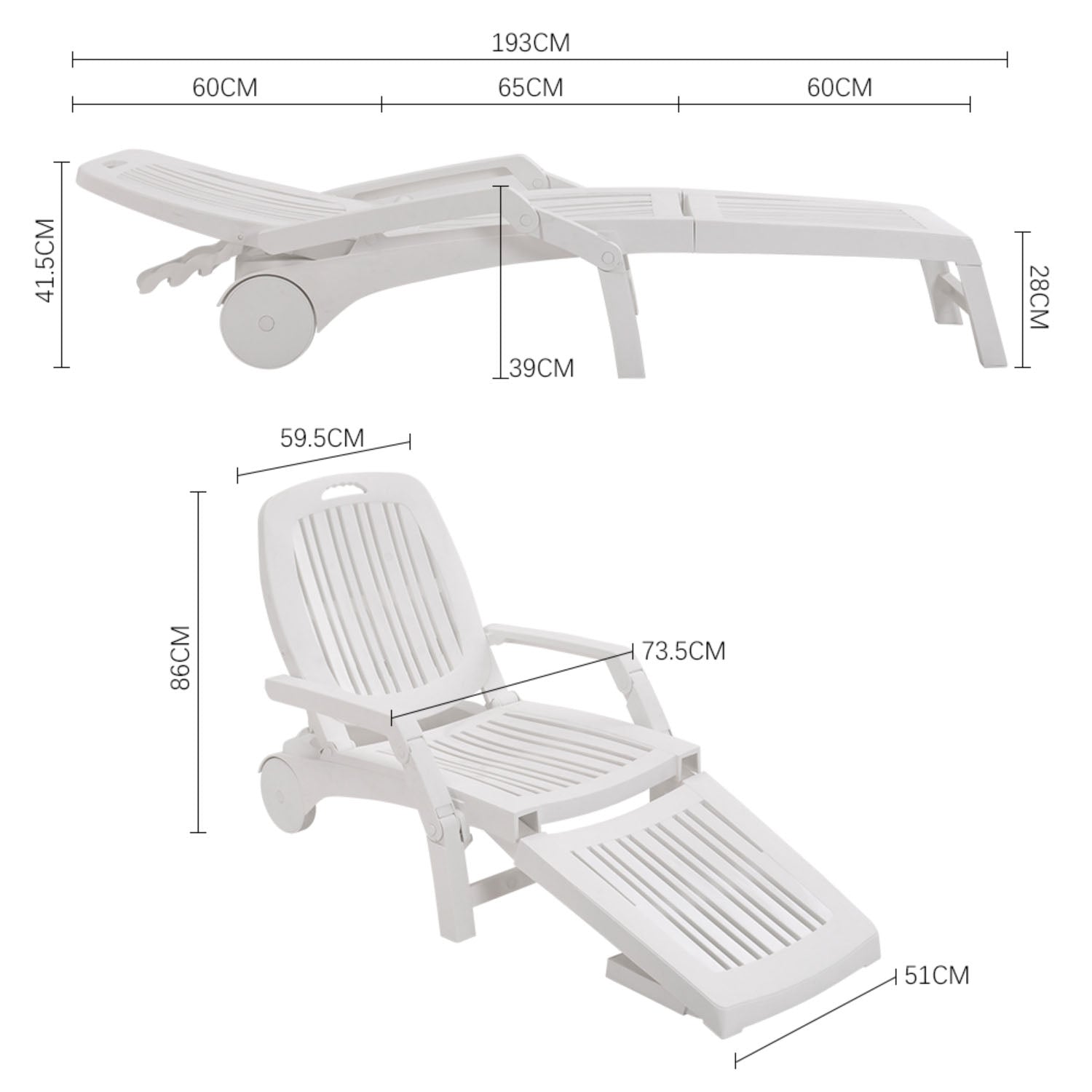 Adjustable Folding Lounge Recliner Chair with Wheels White