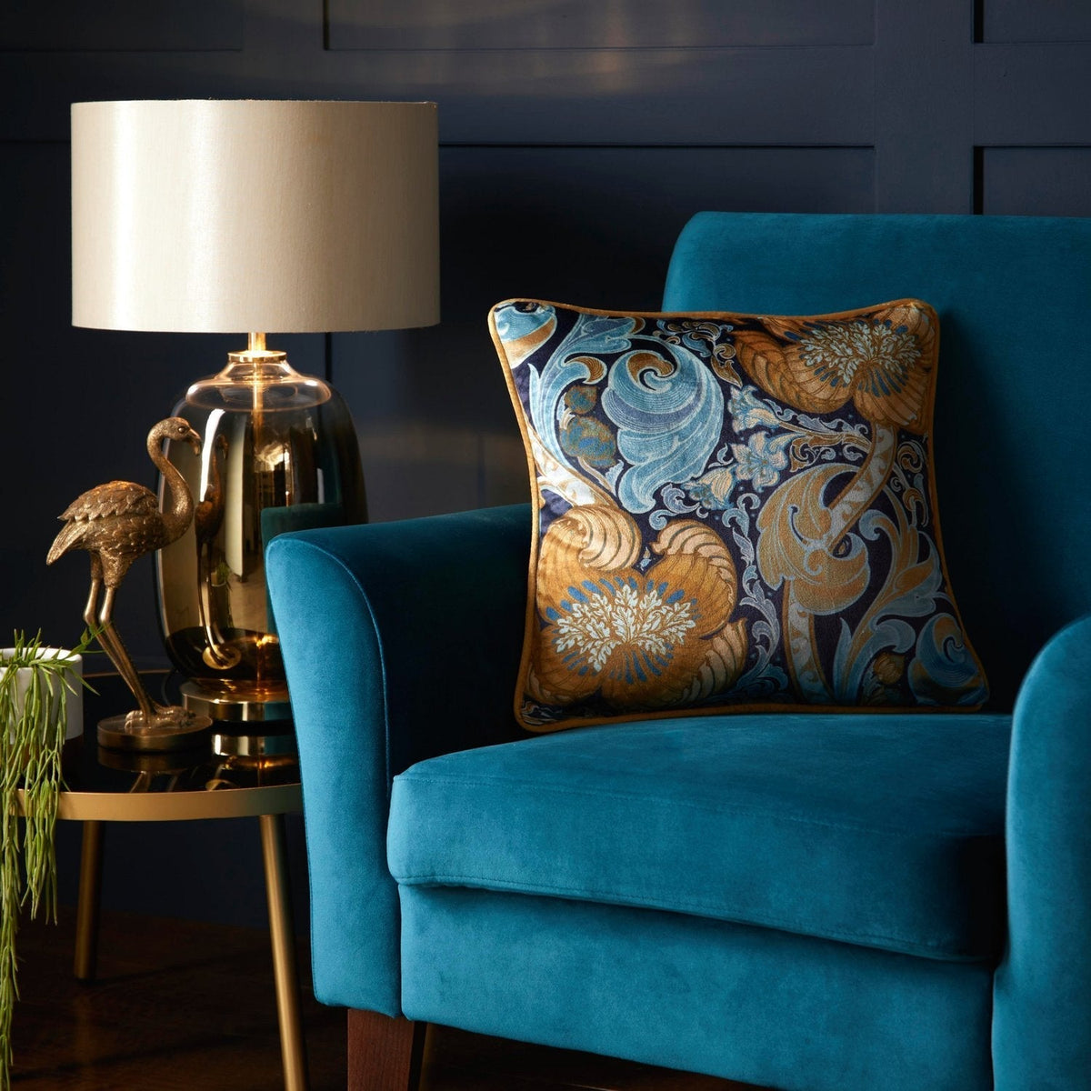 Laurence Llewelyn-Bowen Down the Dilly Ochre/Blue Velvet Cushion (43cm x 43cm)